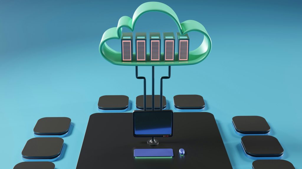 3D-Darstellung einer grünen Cloud mit Server-Racks, verbunden mit einem Computer-Arbeitsplatz auf türkisem Hintergrund