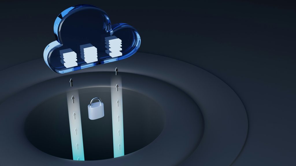 3D-Illustration sicherer Cloud-Datenspeicherung mit Schloss und Upload-Pfeilen