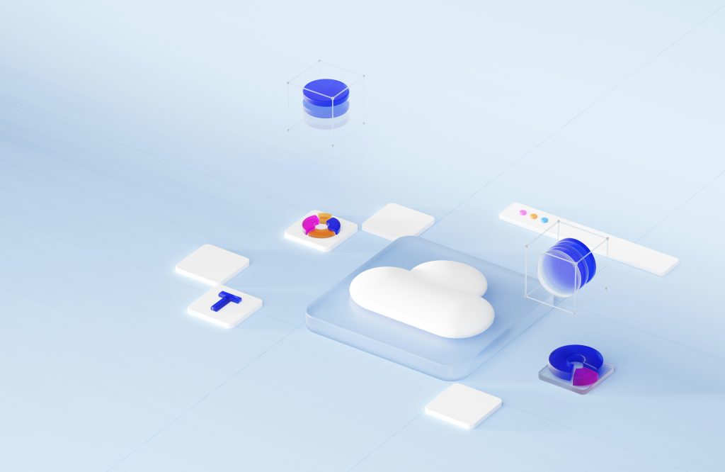 3D-Illustration von Cloud-Computing mit Datenbankicons, Diagrammen und digitalen Elementen auf hellblauem Hintergrund