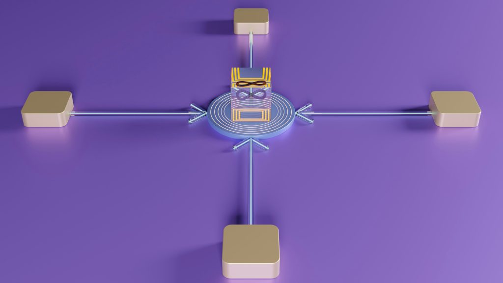 3D-Illustration eines vernetzten Hub-and-Spoke-Modells mit goldfarbenen Knotenpunkten auf lila Hintergrund