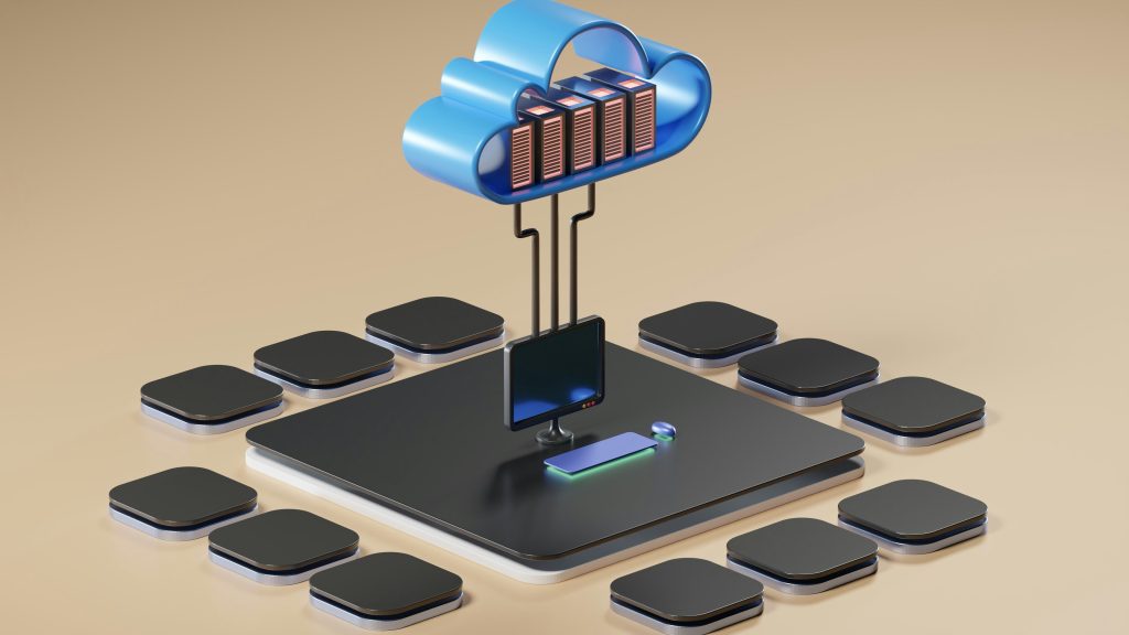 Illustration eines zentralen Rechners, der mit einer Cloud aus Servern verbunden ist – Symbolbild für Cloud-Migration