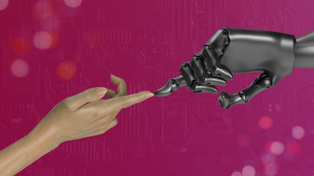 Menschliche Hand und Roboterhand berühren sich vor digitalem Hintergrund