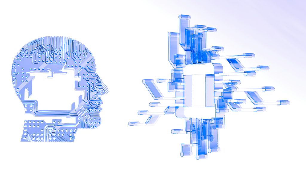 Menschlicher Kopf als Illustration mit Leiterbahnen und Mikrochip – Symbolbild künstliche Intelligenz