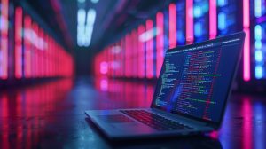 IT Sicherheit und Softwareentwicklung: Laptop mit Quellcode in modernem Serverraum