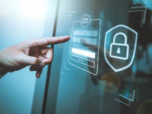 Fingerzeig auf digitales Login-Interface mit Passwortschutz und Schloss-Symbol