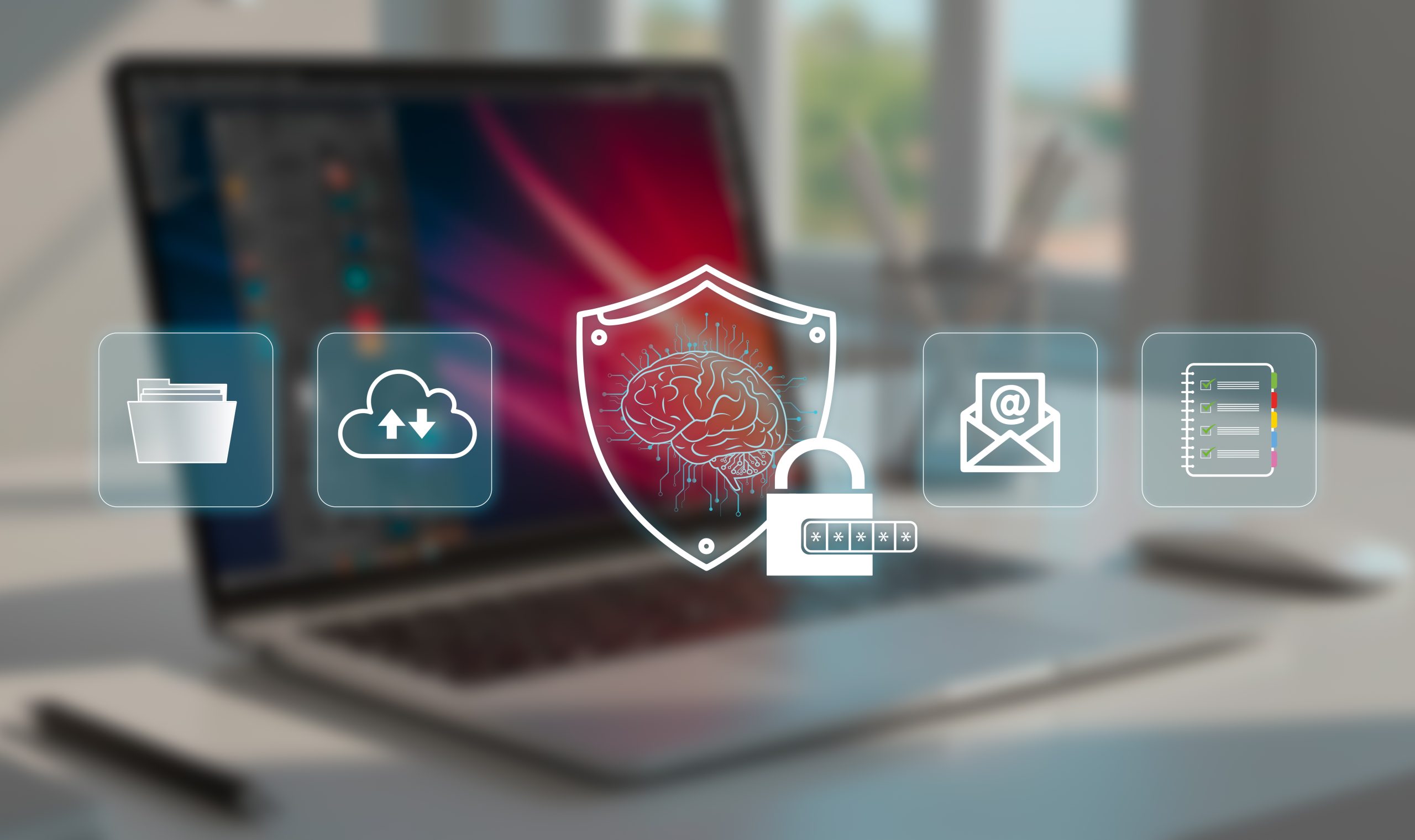 Symbolbild Cybersicherheit mit Schild- und Gehirn-Icon, Passwortschloss sowie Icons für Dateien, Cloud, E-Mail und Checkliste vor unscharfem Laptop